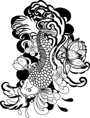 Beautiful line art Koi carp tattoo design ,Black and white koi fish and flower,Japanese tattoo with sakura and lotus flower,chinese tattoo with marigold flower.