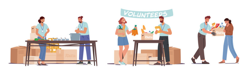 Fototapeta premium Set of Volunteers Giving Humanitarian Aid and Help to Poor People. Characters Donate Food for Supporting Refugees