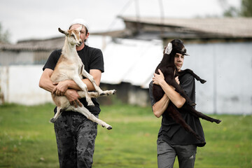 local agriculture, farmer's day 12 october. a man with a goat in his arms, do-it-yourself natural...