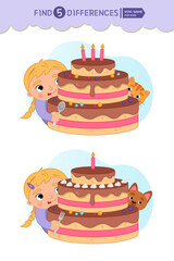 Find differences.  Educational game for children. Cartoon vector illustration cute little girl eats a big cake.
