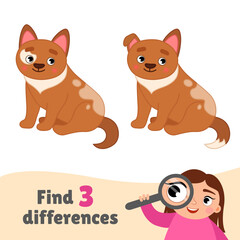 Find differences.  Educational game for children. Cartoon vector illustration cute puppy.