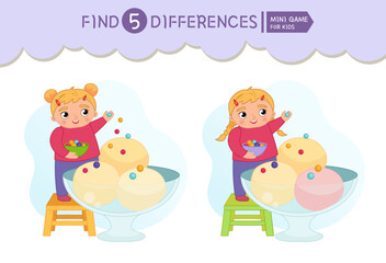 Find differences.  Educational game for children. Cartoon vector illustration cute girl decorating ice cream.