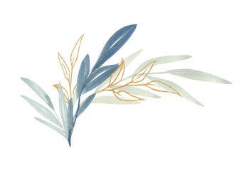 Watercolor floral illustration. Blue and Gold leaf branches collection. It's perfect for greeting cards, wedding invitation, birthday.