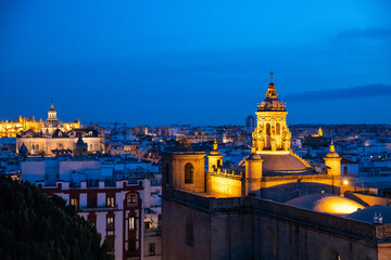 Seville view from Metropol Parasol. Setas de Sevilla best view of the city of Seville, Andalusia, Spain by night.