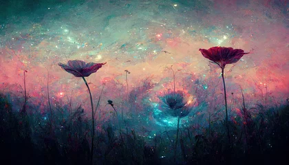 Keuken foto achterwand Fantasy fairy tail abstract blossoming flowers with galaxy space Universe illustration in the background with stars and orange, teal, blue sky beautiful floral theme landscape vintage retro style © Little River
