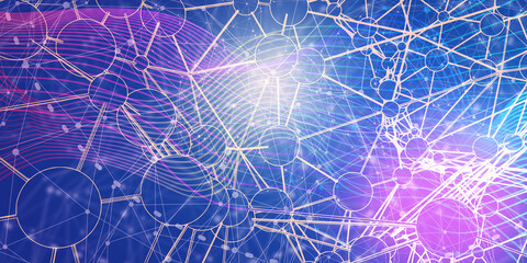 Technology, chemistry and science banner design template. Molecule and communication pattern. Connected lines with dots. Global network connection.