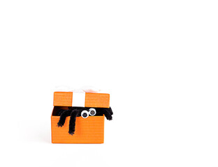 a black spider peeks out of a gift box on a white background with copy space