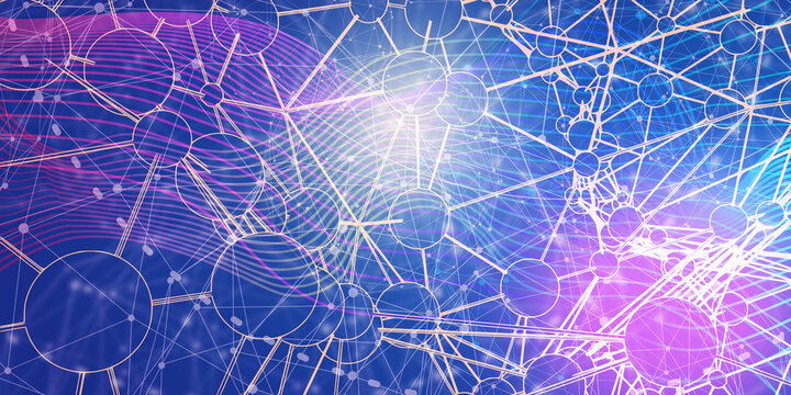 Technology, chemistry and science banner design template. Molecule and communication pattern. Connected lines with dots. Global network connection.