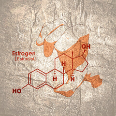 Hand holding chemical molecular formula of hormone estrogen.