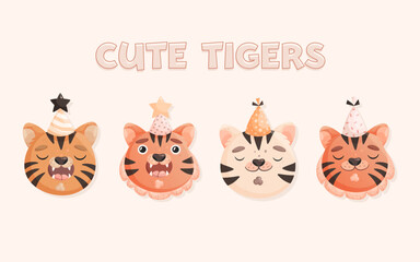 Collection of cute tigers heads. Vector illustration in flat cartoon style for print, shirt, greeting, invitation, card, textile.