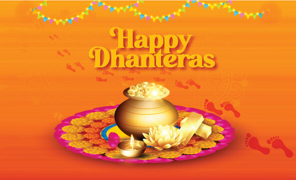 Happy Dhanteras, Gold coin in pot for Dhanteras celebration on Happy Diwali light festival of India