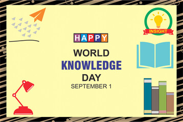 Greeting card Happy world knowledge day September 1, banner, poster with knowledge icons. Illustration for sites and media.