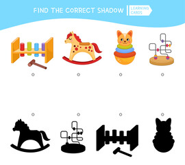 Educational  game for children. Find the right shadow. Kids activity with cute cartoon toys.