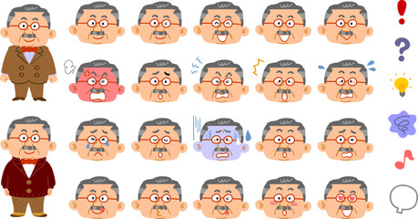 裕福そうな中年男性の20種類の表情と感情を表す記号
