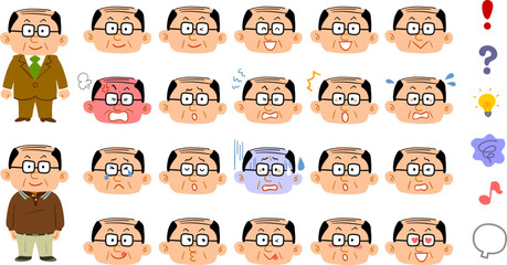 薄毛の中年男性の20種類の表情と感情を表す記号
