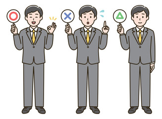 まるとばつとさんかくの札を持ったスーツを着ている男性のイラスト（肌色ありバージョン）