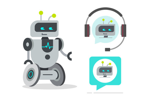 Robot cartoon character vector icon or chat bot chatbot ai support help technology with smart intelligence modern graphic illustration design, virtual digital online tech image