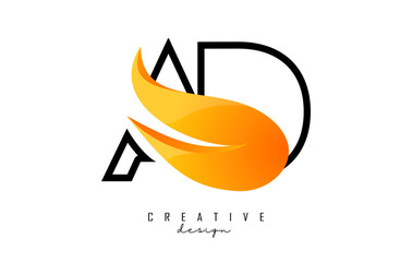 Outline Vector illustration of abstract letters AD a d with fire flames and Orange Swoosh design. Letters logo with creative cut and shape.