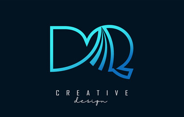 Outline blue letters DQ d q logo with leading lines and road concept design. Letters with geometric design.