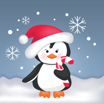 A baby penguin in a Santa Claus hat. Cute vector illustration for postcard, cover, poster, invitation, packaging