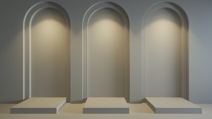 product stand with podium to place your product with downlight top of the wallpaper, 3d rendering