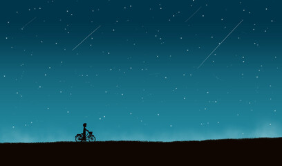 Naklejka na ściany i meble A silhouette of a boy with his bicycle walking on a grass field at night with a starry sky. Digital art style. illustration painting