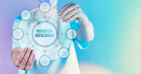 Patientenaufklärung. Medizin in der Zukunft. Arzt hält virtuelles Interface mit Text und Icons im...