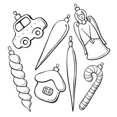 Set of vector contoured glass toys, decorations for xmas tree, doodle style. Clipart for Merry Christmas and New Year