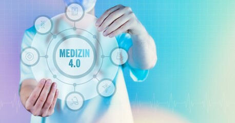 Medizin 4.0. Medizin in der Zukunft. Arzt hält virtuelles Interface mit Text und Icons im Kreis.