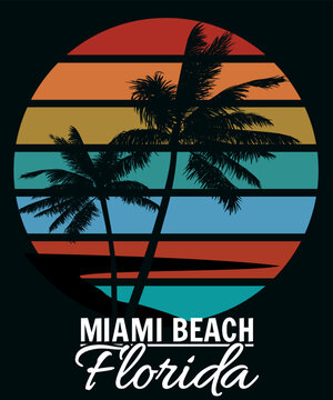 Poster Retro Florida Miami Beach sunset print t-shirt design. Poster palm tree silhouettes