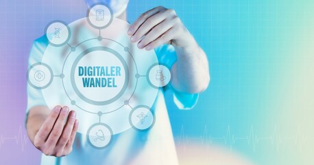 Digitaler Wandel. Medizin in der Zukunft. Arzt hält virtuelles Interface mit Text und Icons im Kreis.