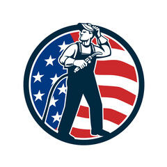 Welder Standing Visor Up USA Flag Circle Retro