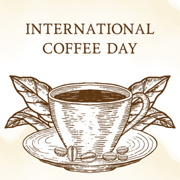 hand drawn international coffee day illustration with cups of coffee, leaves, and bean coffee