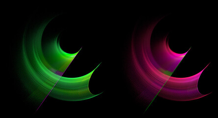 Green and magenta striped elements are layered and rotated against a black background.  Icon, logo, symbol, sign. Set of graphic design elements. 3d rendering. 3d illustration.