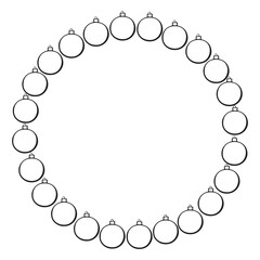 Vector round frame of outline Christmas tree balls. New year Xmas background, border for winter holidays decor, greeting cards. Template for kids creativity