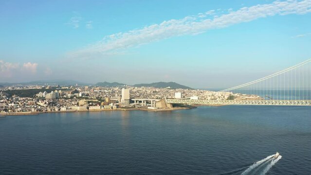 Coastline of Akashi, Hyogo Japan, Aerial View of City and Suspension Bridge