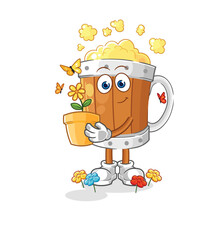 beer mug with a flower pot. character vector