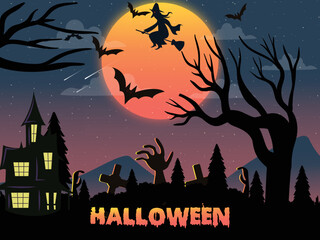 Halloween background with witch, bats, graves, and trees on a full moon night background.