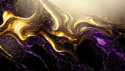 Abstract dark luxury marble background. Digital art marbling texture. Black, gold and purple colors