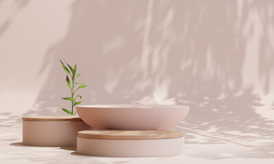 Obraz na płótnie Canvas podium with rounded wood for product presentation. Natural beauty pedestal, 3d illustration.
