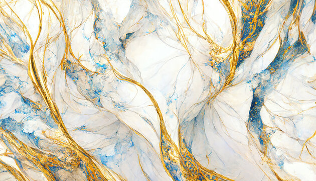 Fototapeta Abstract luxury marble background. Digital art marbling texture. Blue, gold and white colors