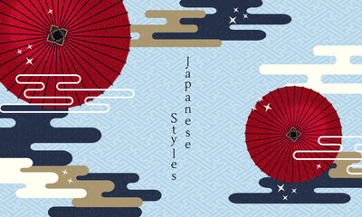 Japanese-style background　赤い番傘と霞　日本伝統の傘　和柄デザイン背景　和風柄　 © okuni