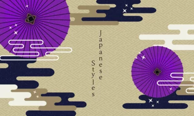 Poster Japanese-style background　紫の番傘と霞の和柄背景　古典柄　和柄のデザイン　イラスト素材 © okuni