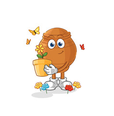 clay pot with a flower pot. character vector