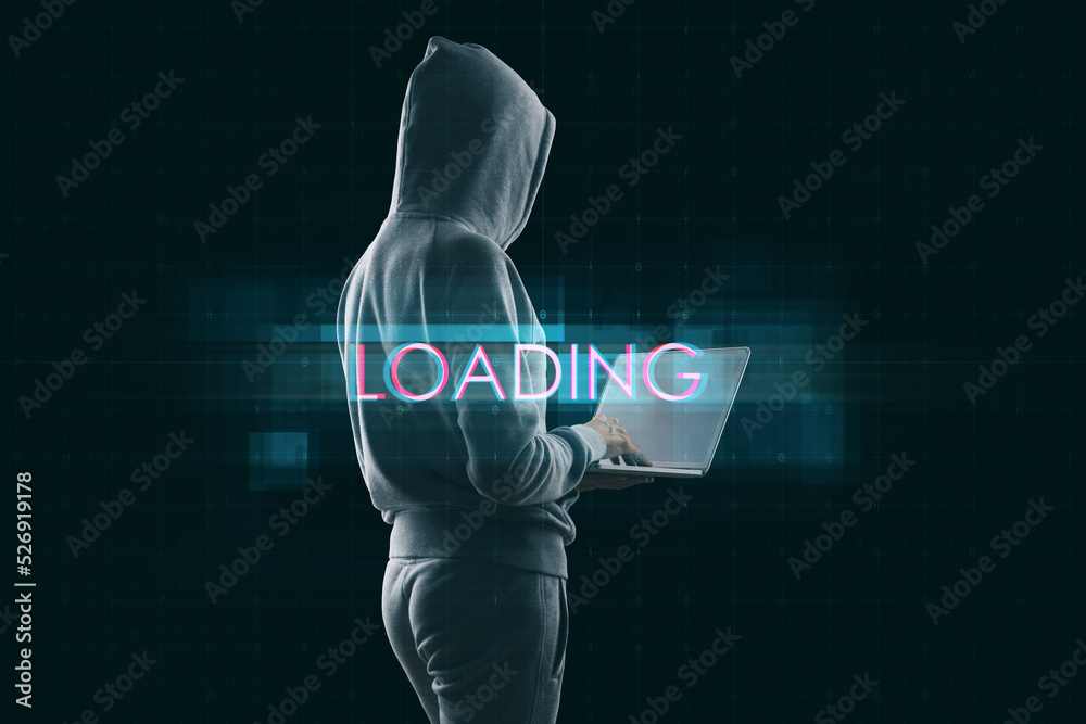 Poster Hacker using computer with abstract creative digital text hologram on dark background. Loading, hacking, technology and ai concept.