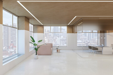 Light concrete and glass office interior with window and city view. 3D Rendering.