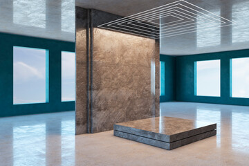 Modern gallery interior with mock up place on marble wall, pedestal, windows with daylight and...