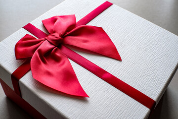 Valentine present. Gift box and red ribbon for romantic couple.Gift box and ribbon with tag for valentine present