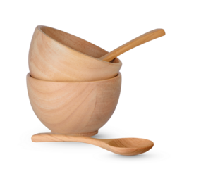 Wooden cup and wooden spoons isolated on transparent background. (.PNG)