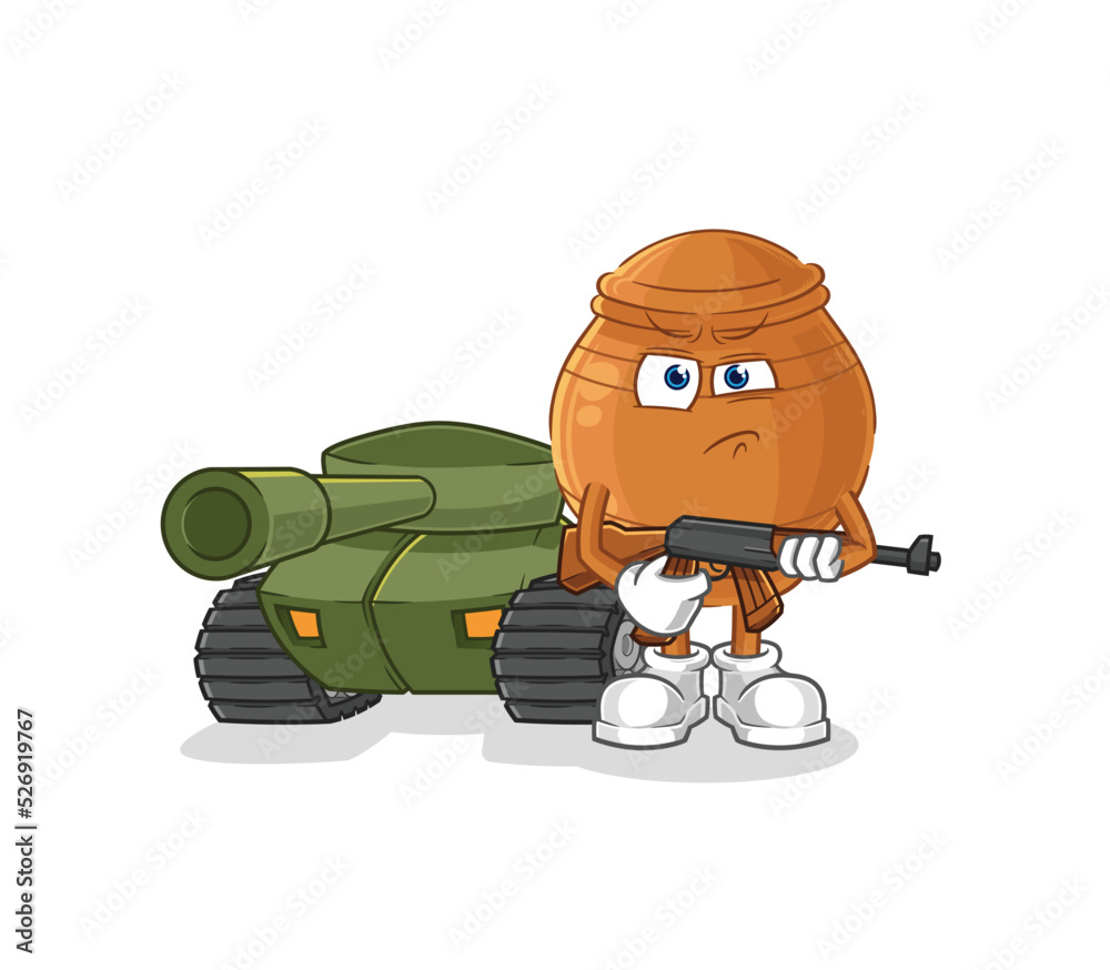 Wall mural clay pot soldier with tank character. cartoon mascot vector